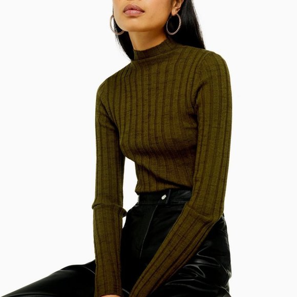Topshop Sweaters - Topshop Khaki Knitted Marl Funnel Neck Top